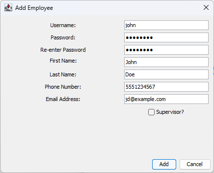 Screenshot of add employee function